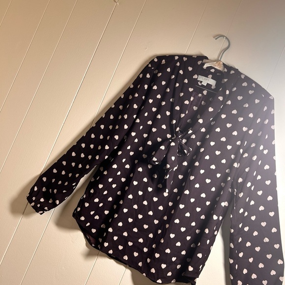 LOFT Ann Taylor Blouse L Brown Heart Print Tie Neck Long Sleeve Romantic Top - Picture 2 of 13
